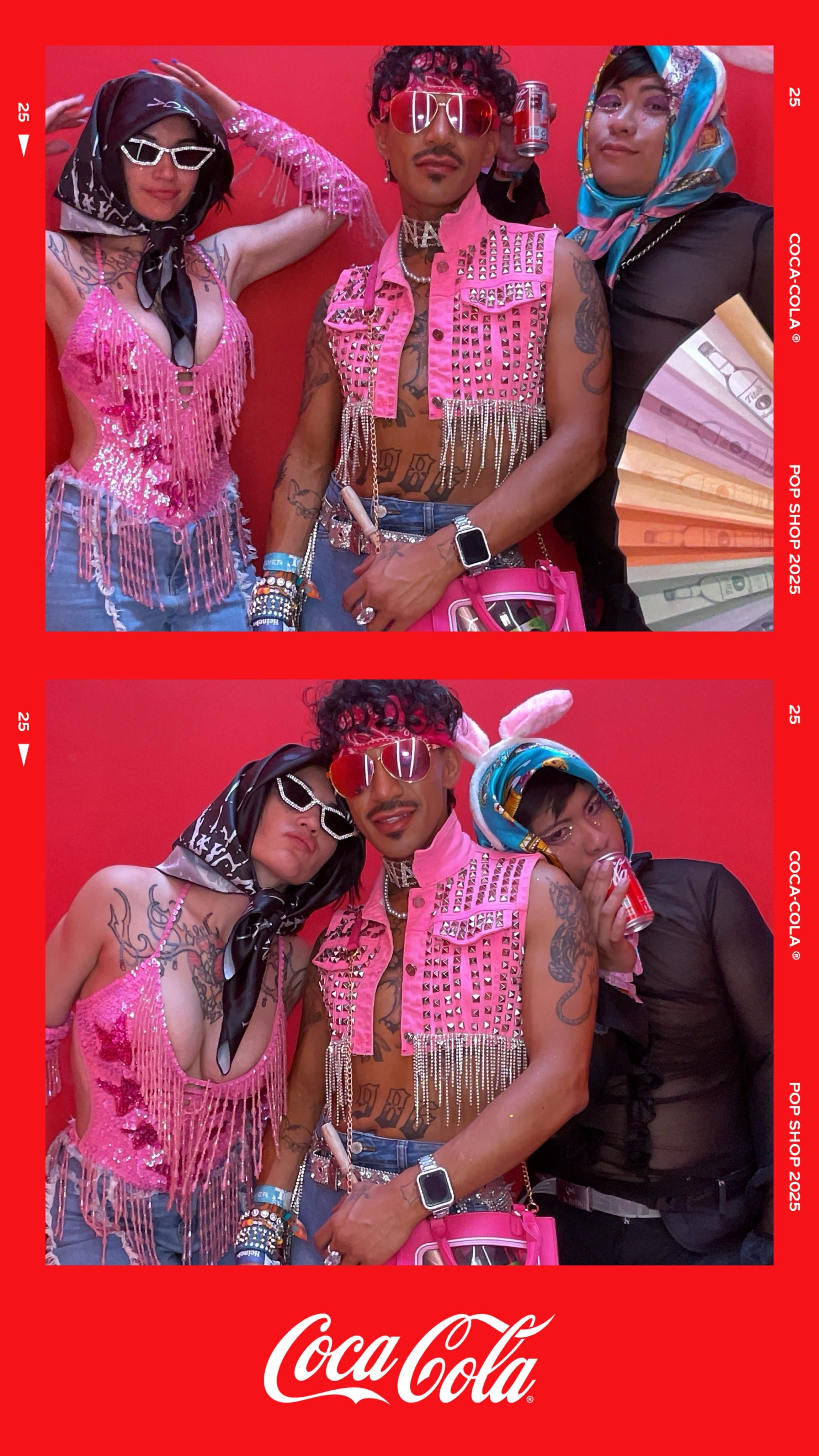 Festival guests in coordinated pink rhinestone and fringe outfits pose in the Coca-Cola Pop Shop booth.