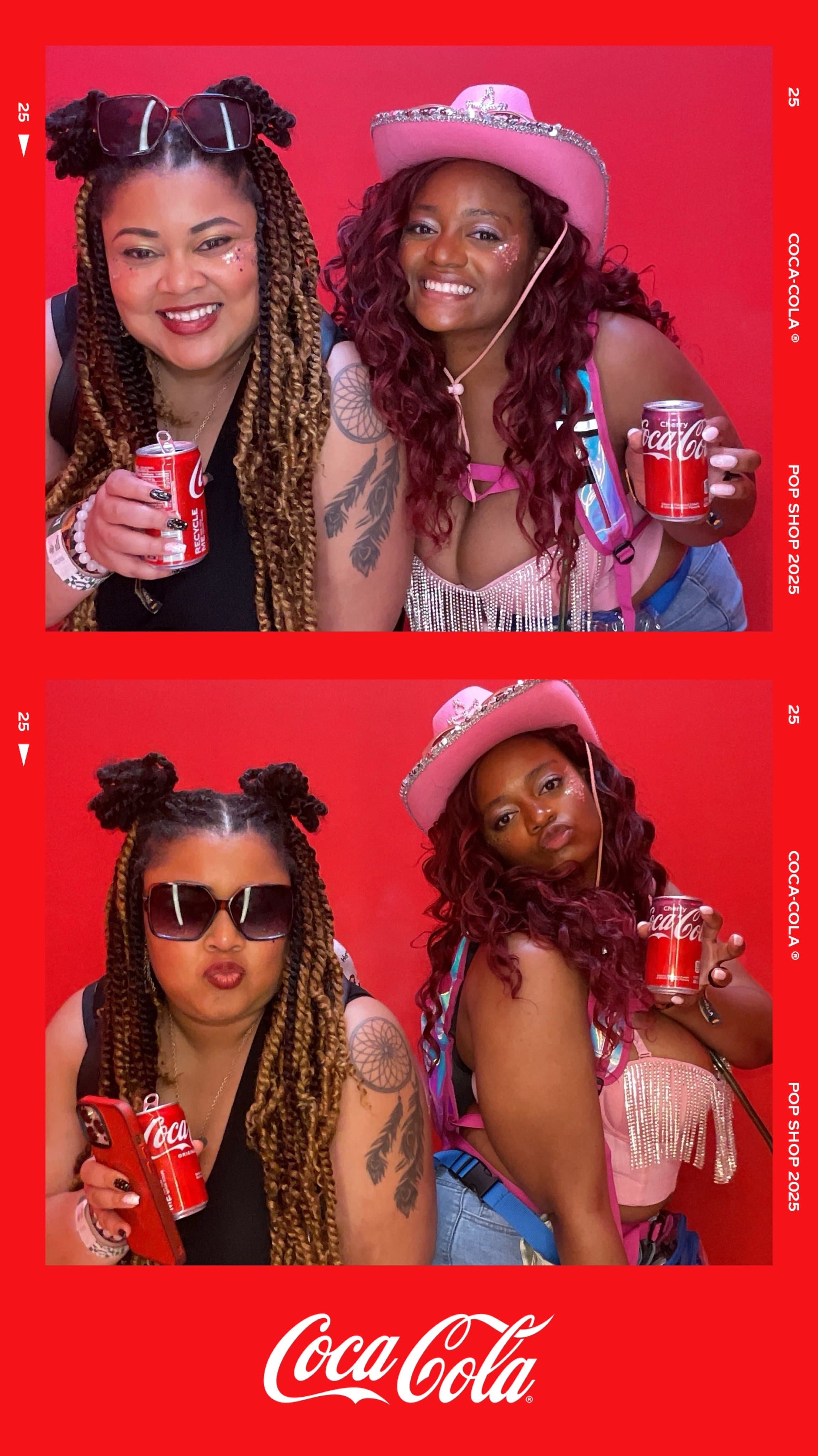 Two guests with colorful braids and a pink cowboy hat hold their Coca-Cola cans.