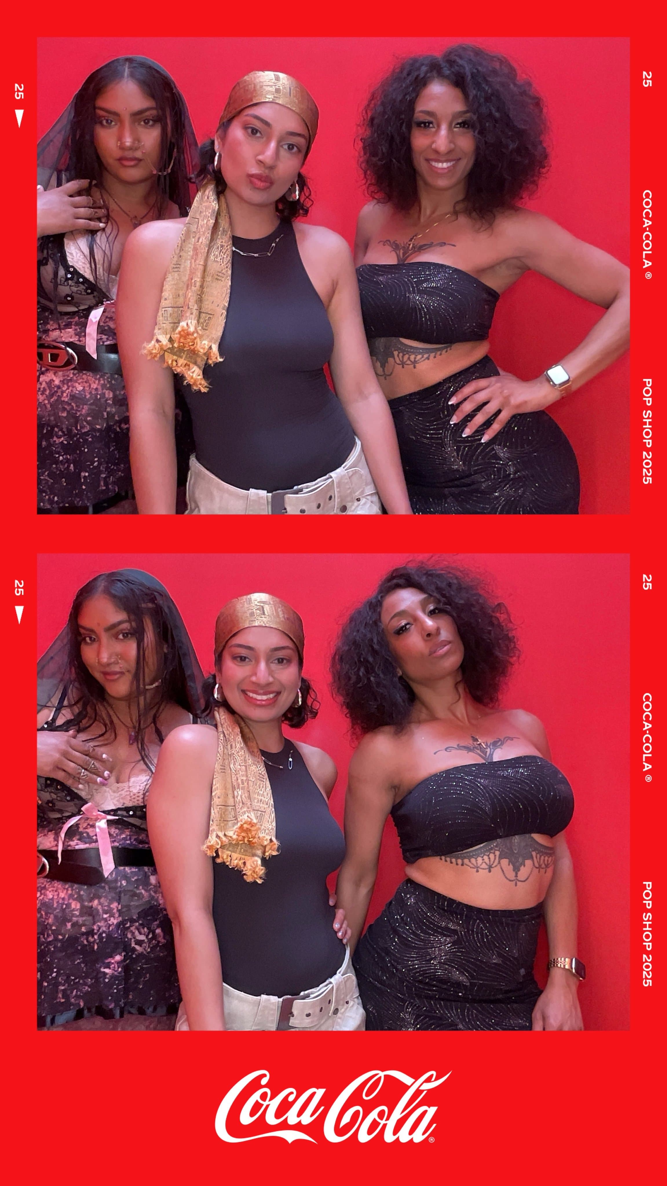 Three guests show gold scarf and black festival styling.