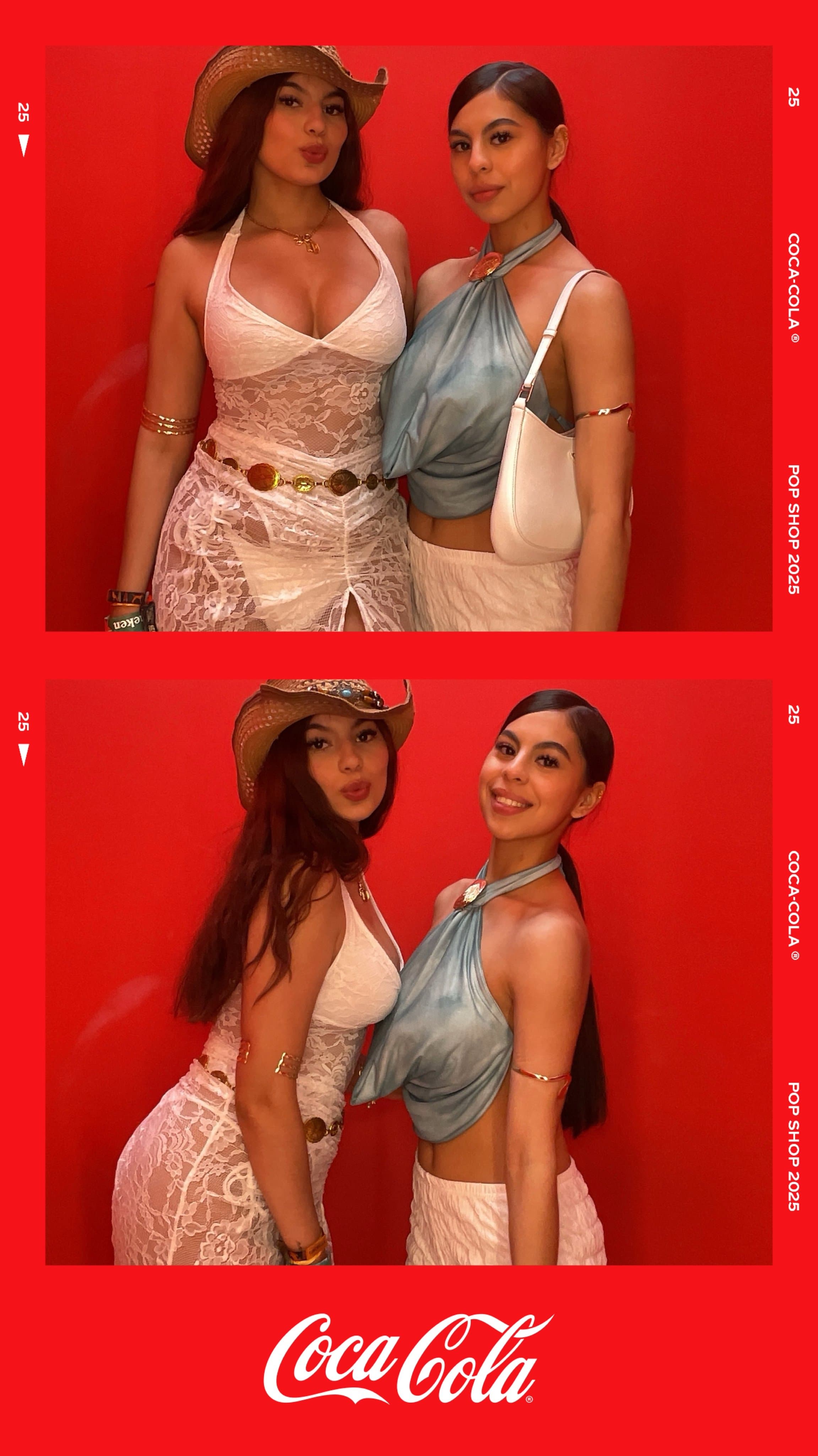 Two guests in cream lace and pale-blue scarf styling pose together.