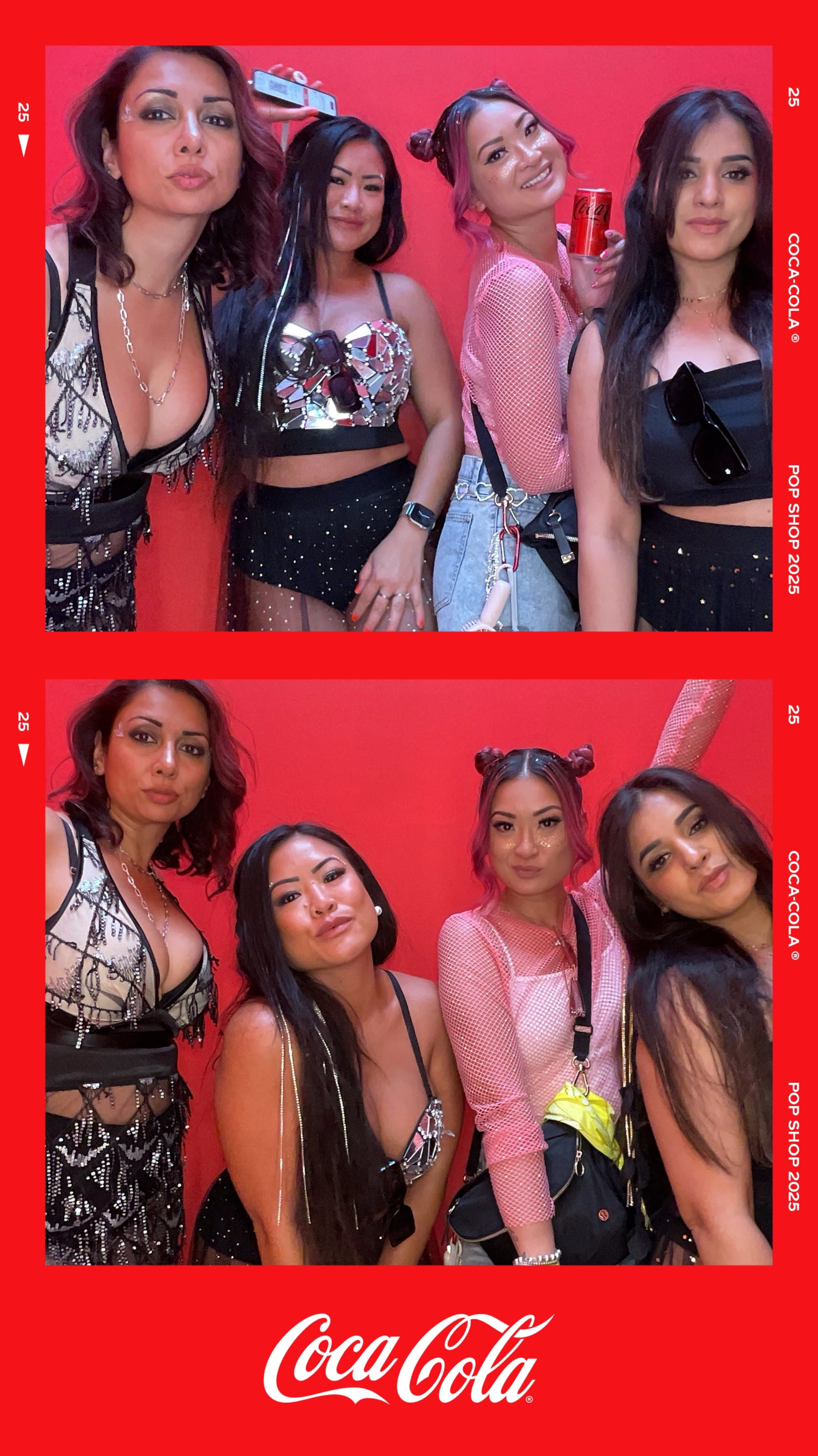 Four guests show metallic, black leather and pink mesh festival looks.