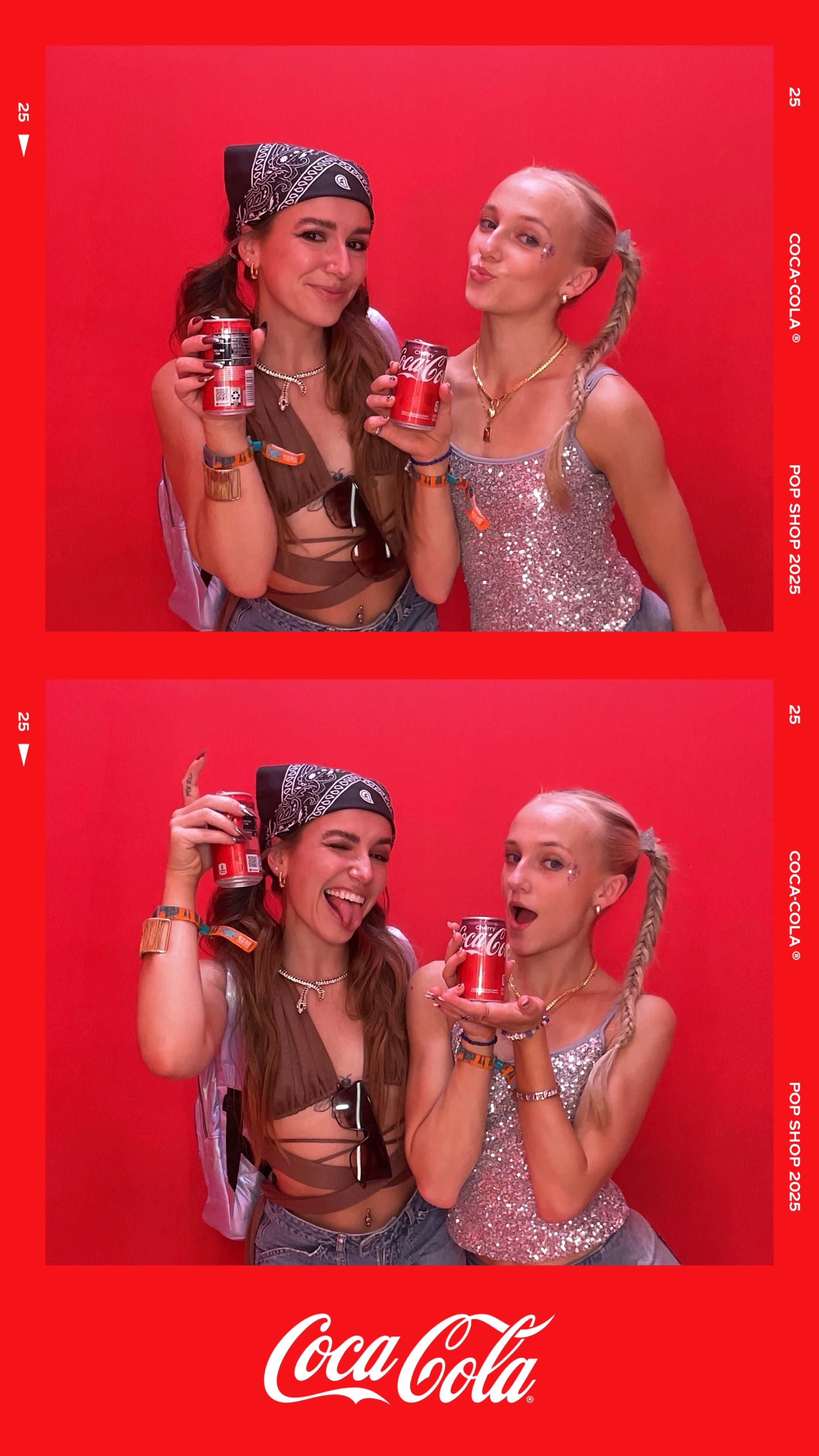 Two guests pose in shimmering silver and cutout festival tops.
