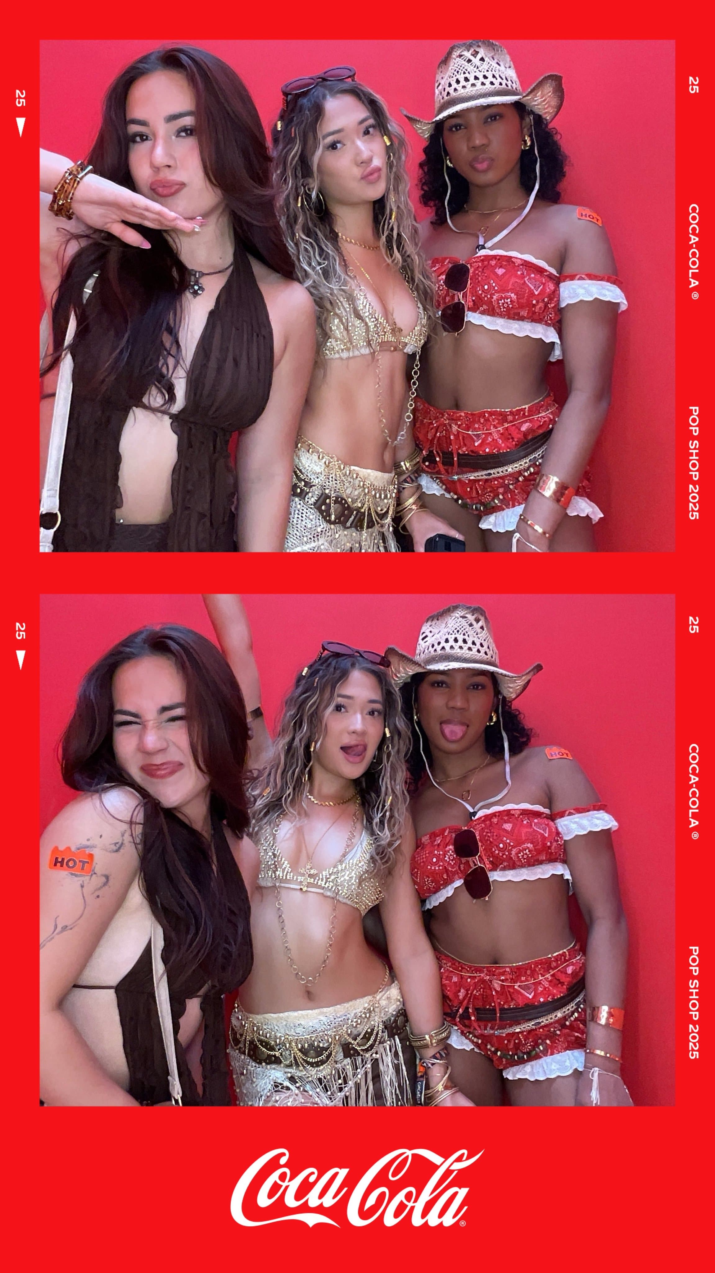 Three guests show glittering festival looks and a red cowgirl outfit.