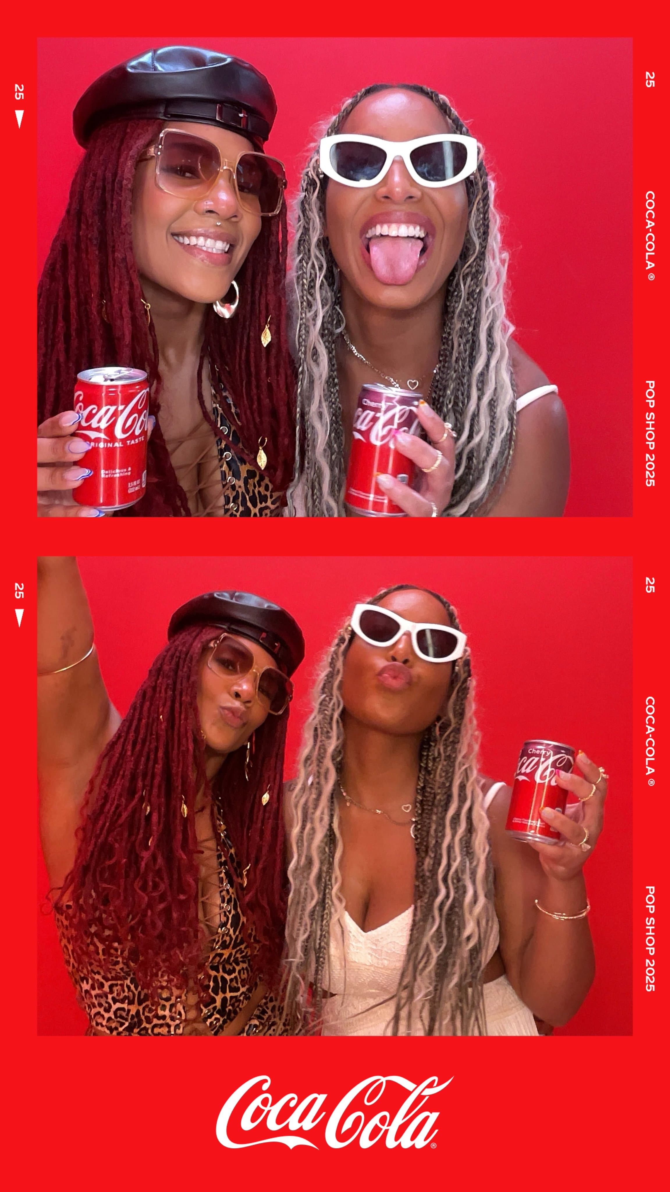 Two guests with long braids and statement white sunglasses enjoy the Pop Shop booth.