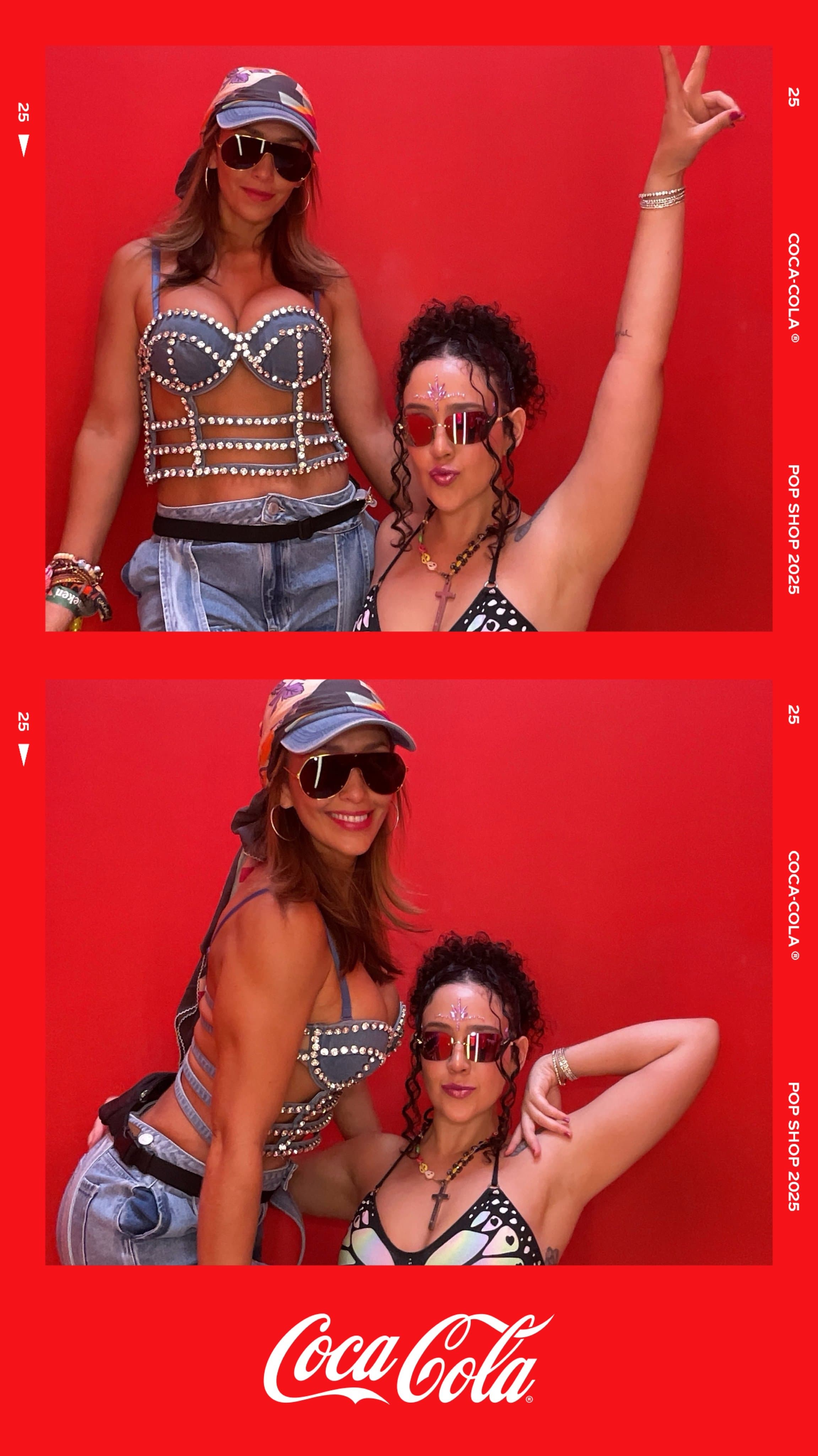 Two guests wear statement sunglasses and embellished festival outfits.