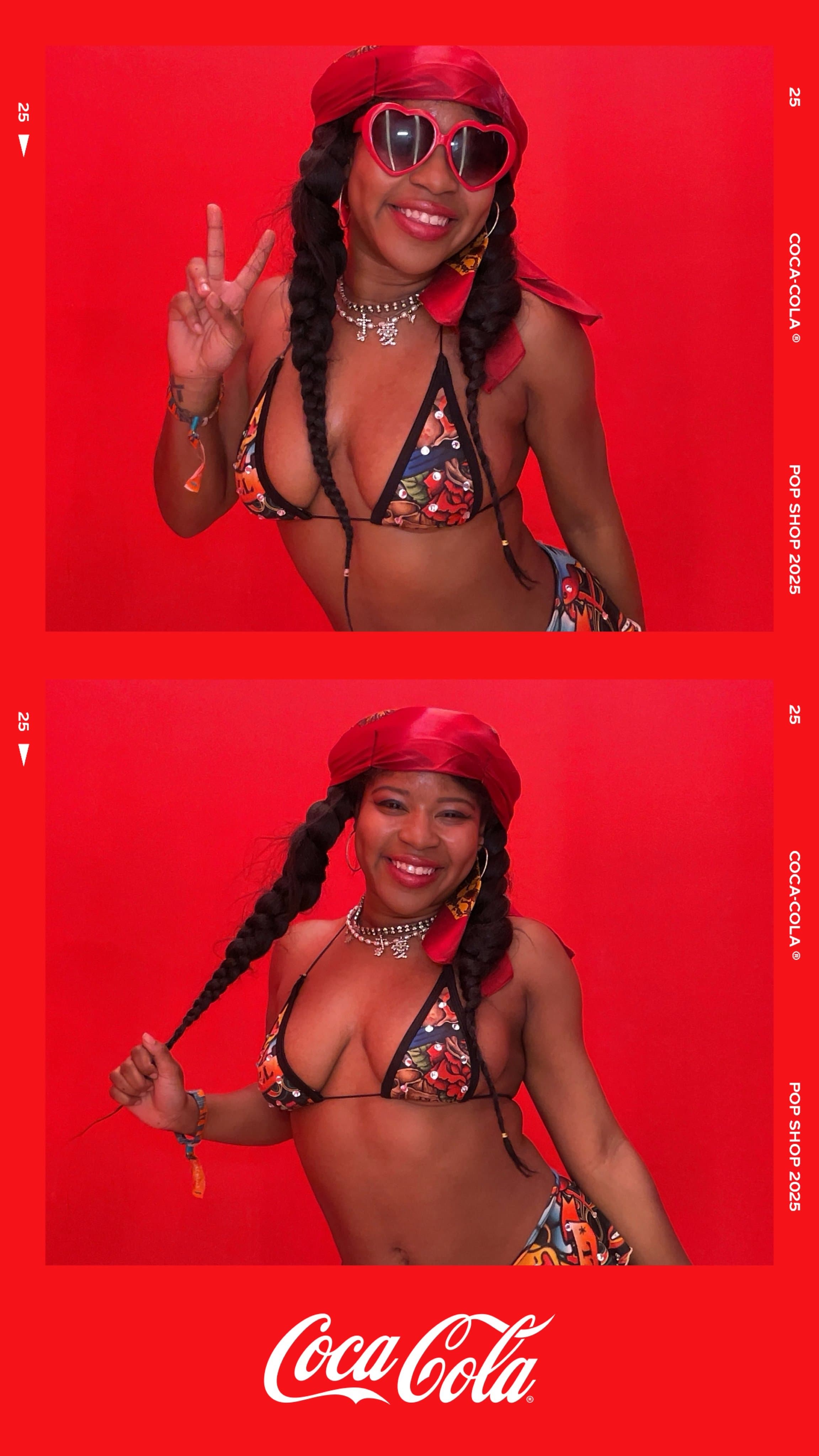 Guest in a red cap and heart-shaped sunglasses smiles for the Coca-Cola Pop Shop booth.