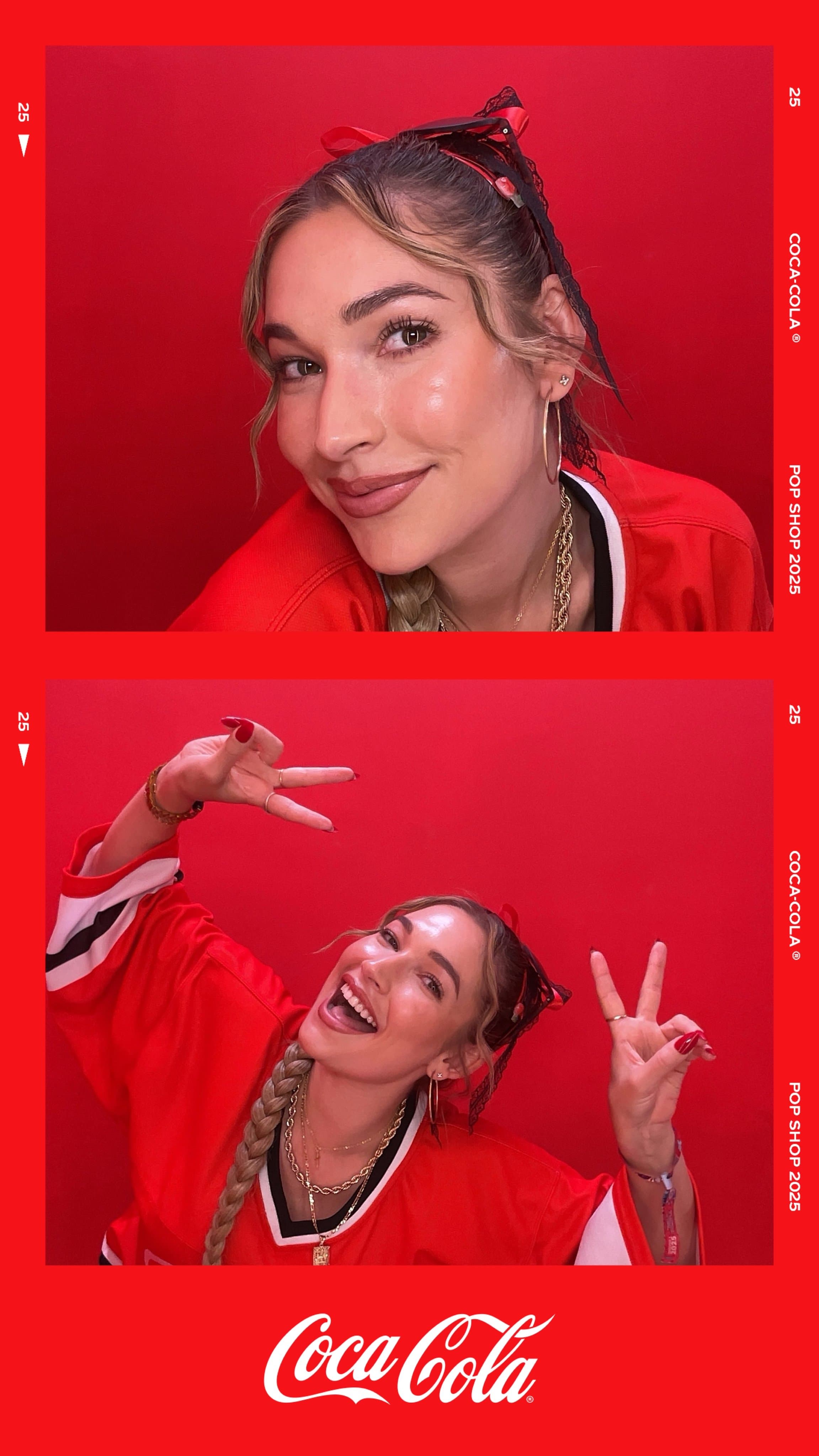 Guest smiles in a red jersey with a braided hairstyle and hoop earrings.