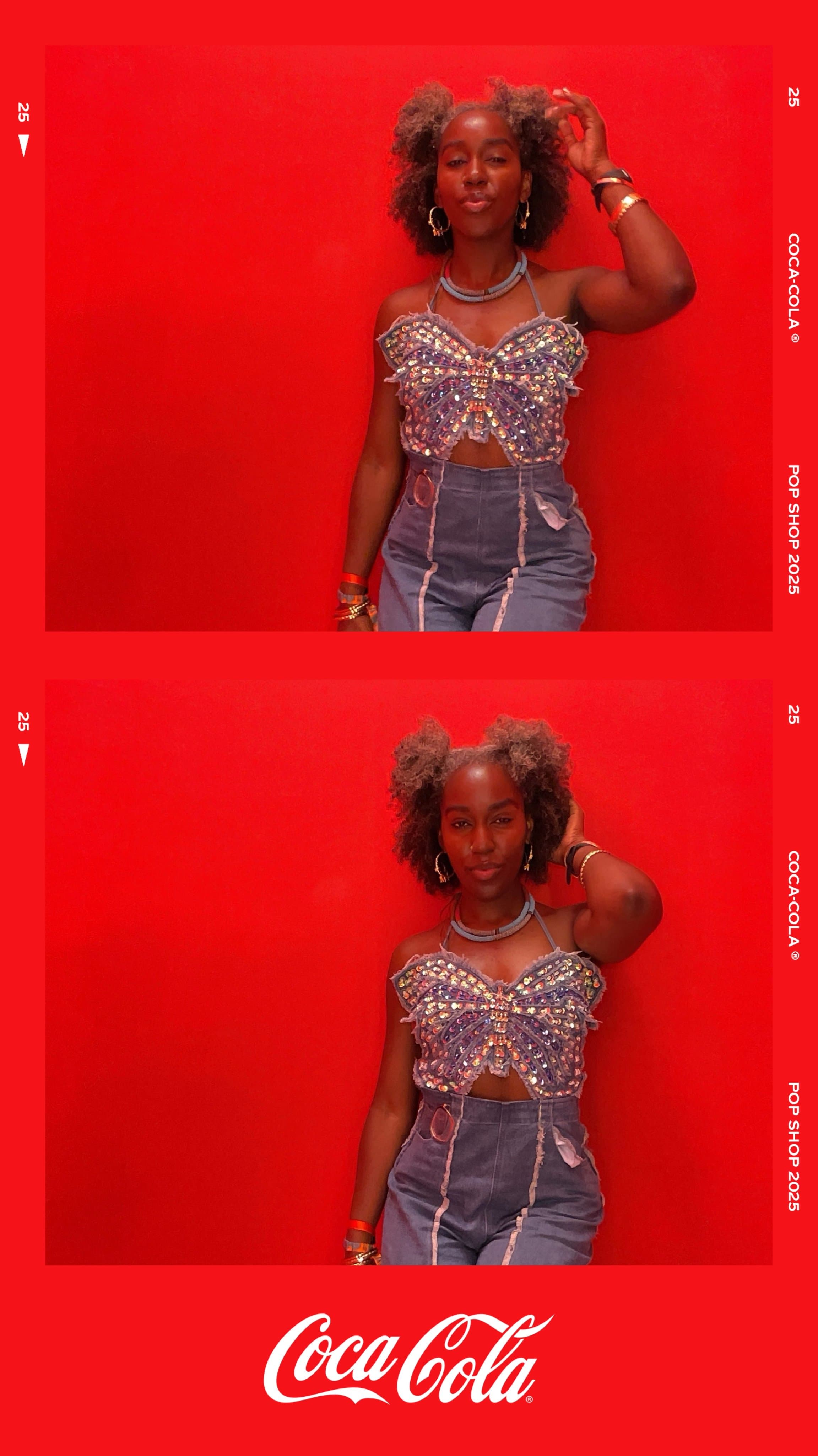 Guest wears a sparkling butterfly top and playful hair styling.