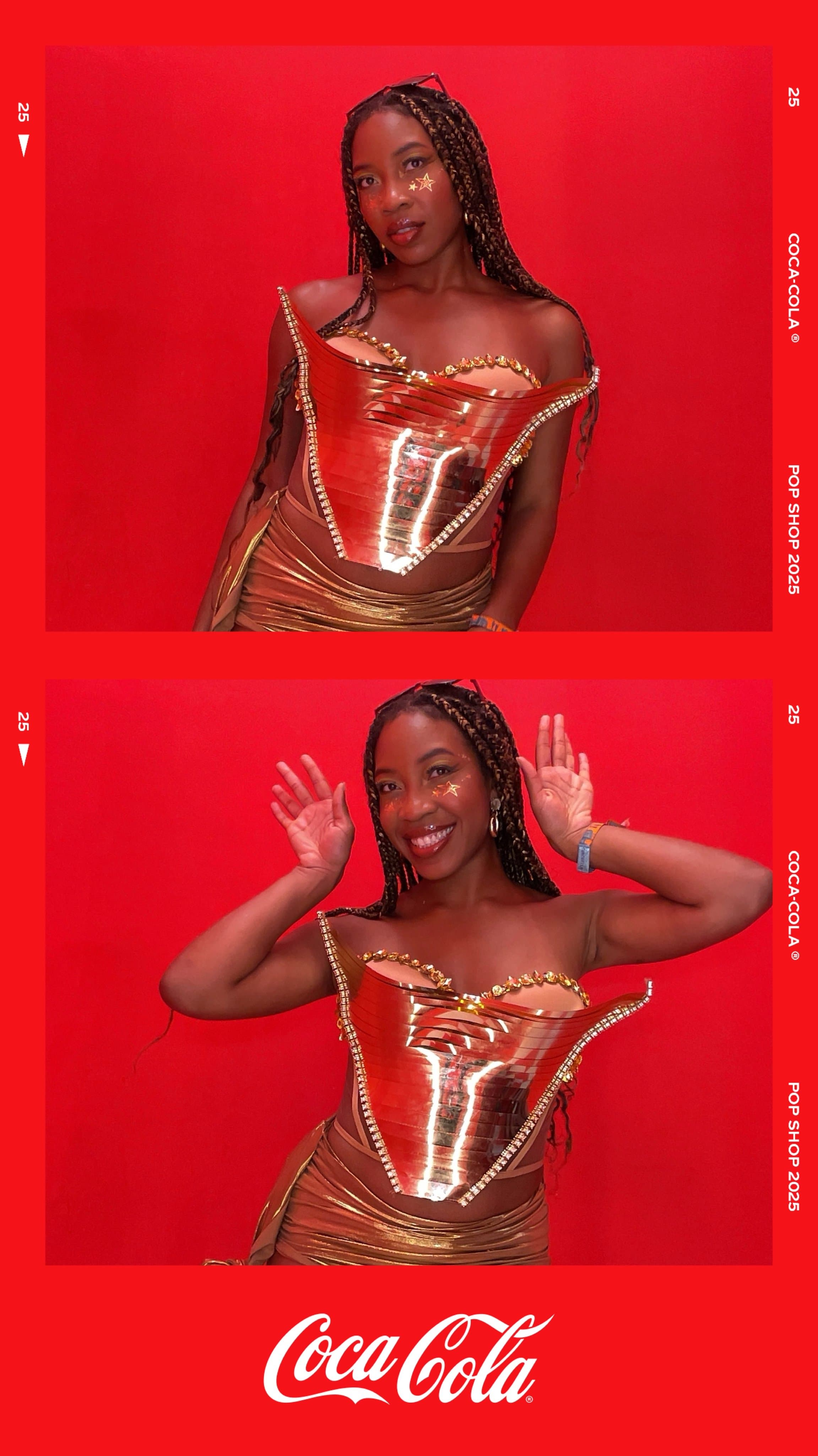 Guest poses in a metallic gold corset in a branded two-frame portrait.