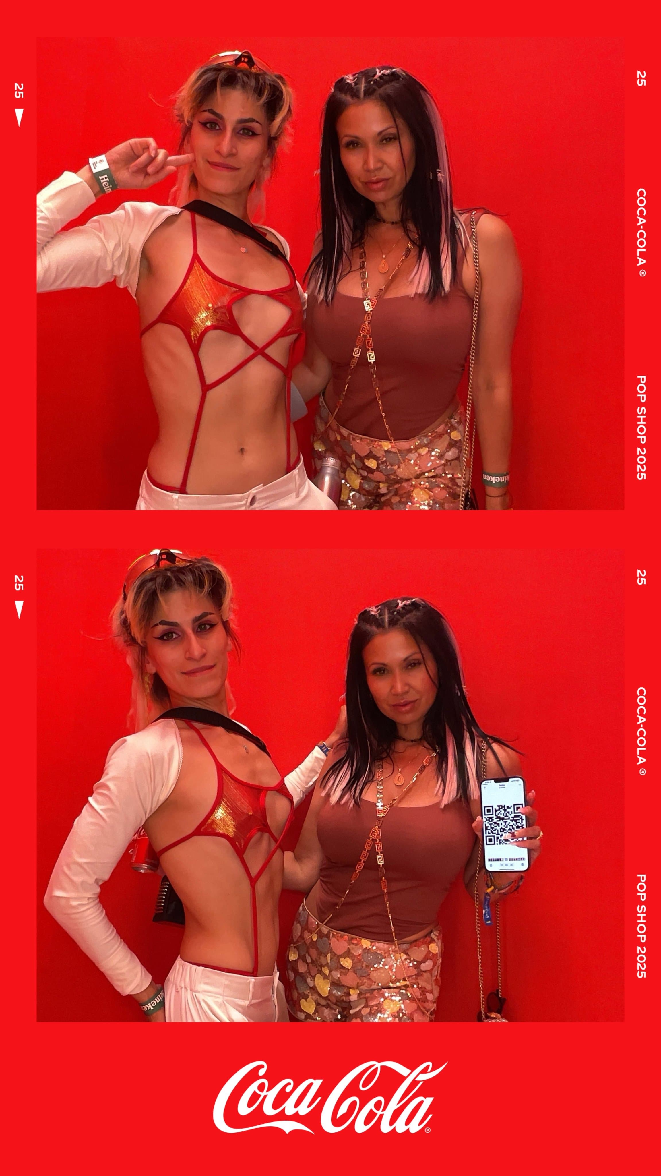 Two guests in red cutout and embellished outfits pose confidently.