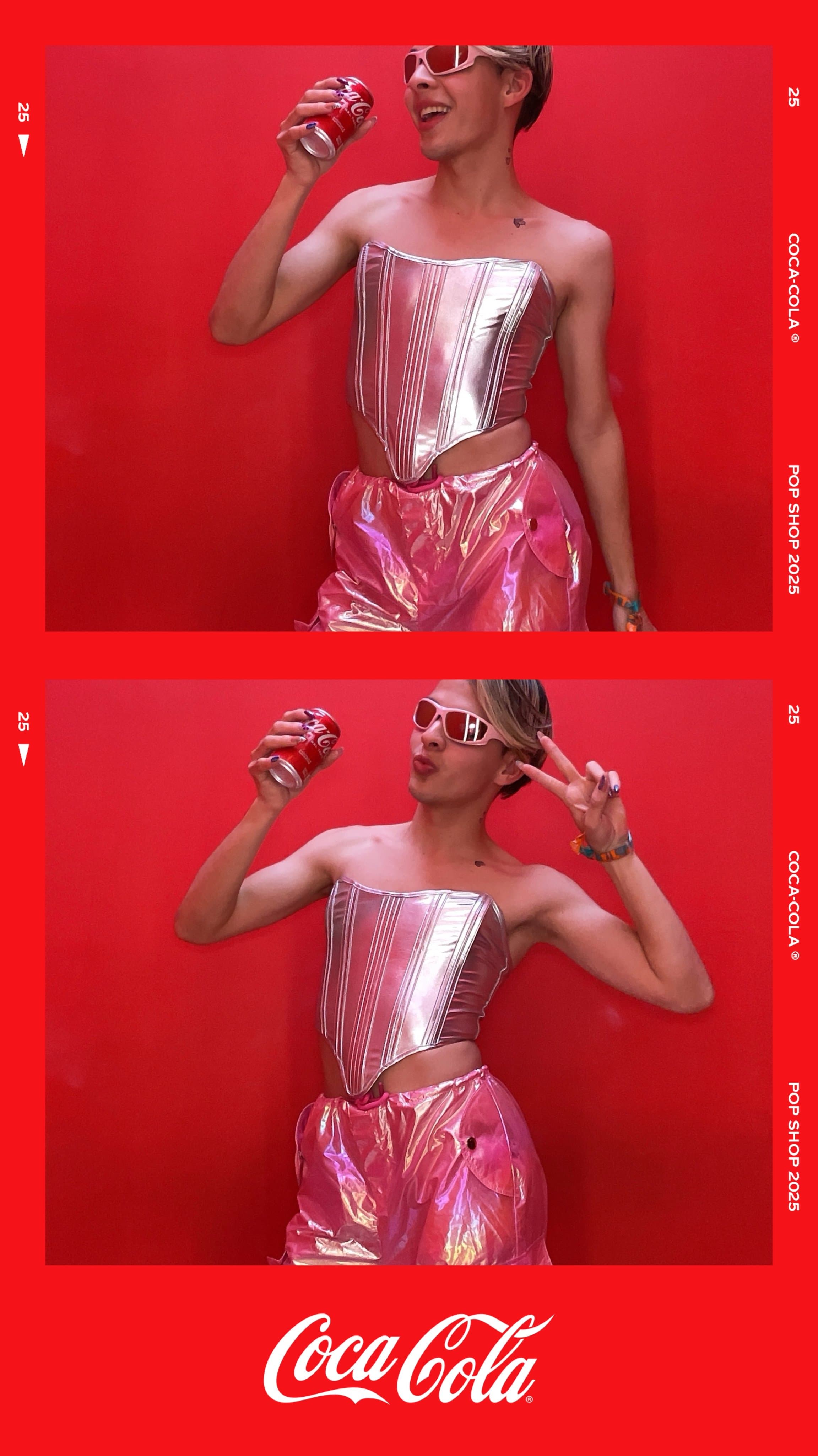 Guest poses in a metallic pink corset and coordinated trousers.